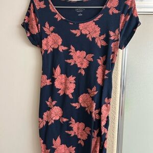Navy Floral Scoop Neck Maternity Dress with Coral Pink Blooms